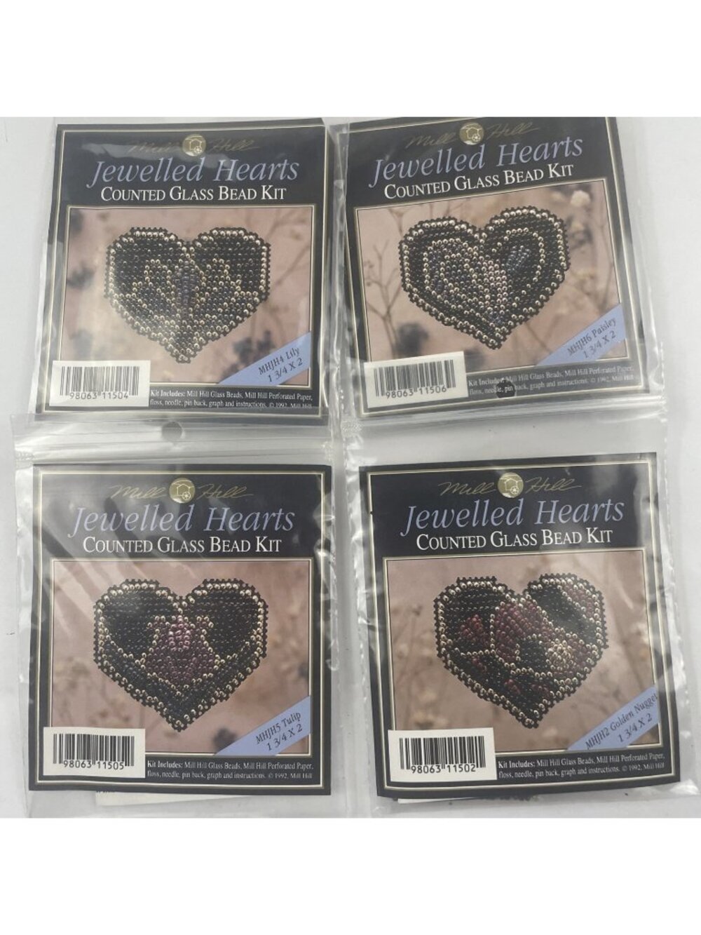 Mill Hill Counted Glass Bead Kit Jewelled Hearts 1.75”x2” Lot Of 4  Vintage 1992